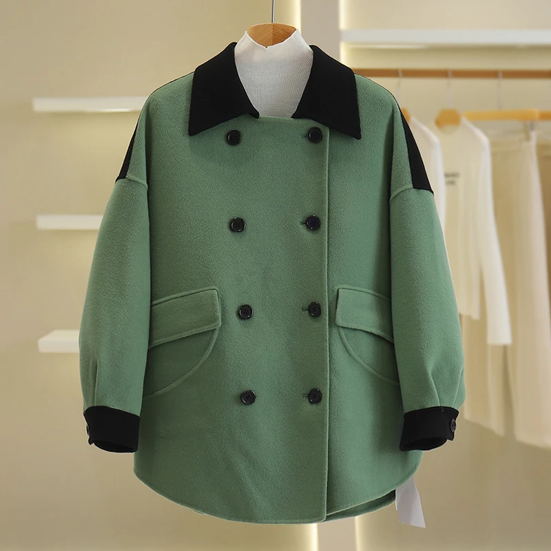 【伍莎-自营】双排扣宽松拼色双面呢外套#QPE48B022