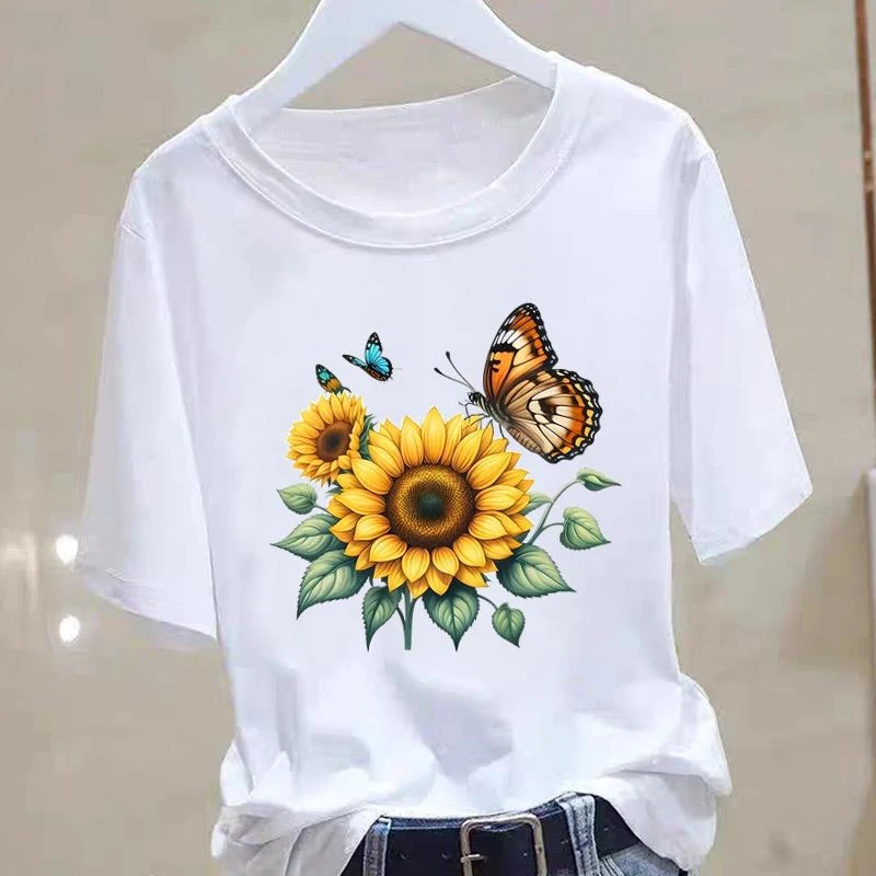 休闲显瘦春装印花女洋气青年ins圆领时尚夏季蝴蝶气质可爱短袖T恤