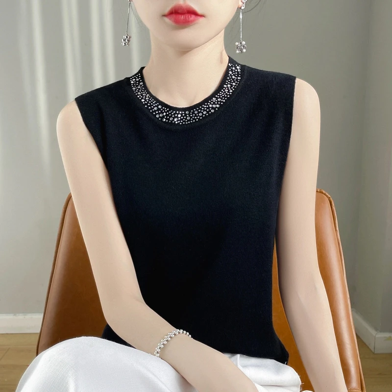 精纺镶钻女气质吊带女背心打底针织百搭宽松无袖背心春夏新款