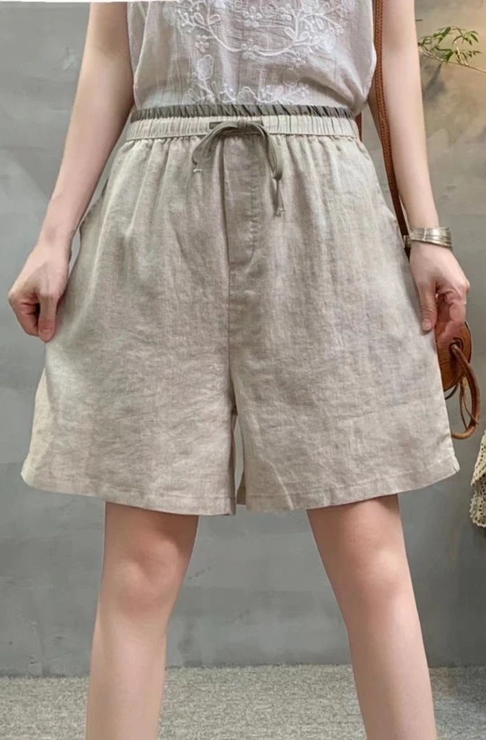 新款亚麻休闲短裤拼接腰设计休闲百搭女款