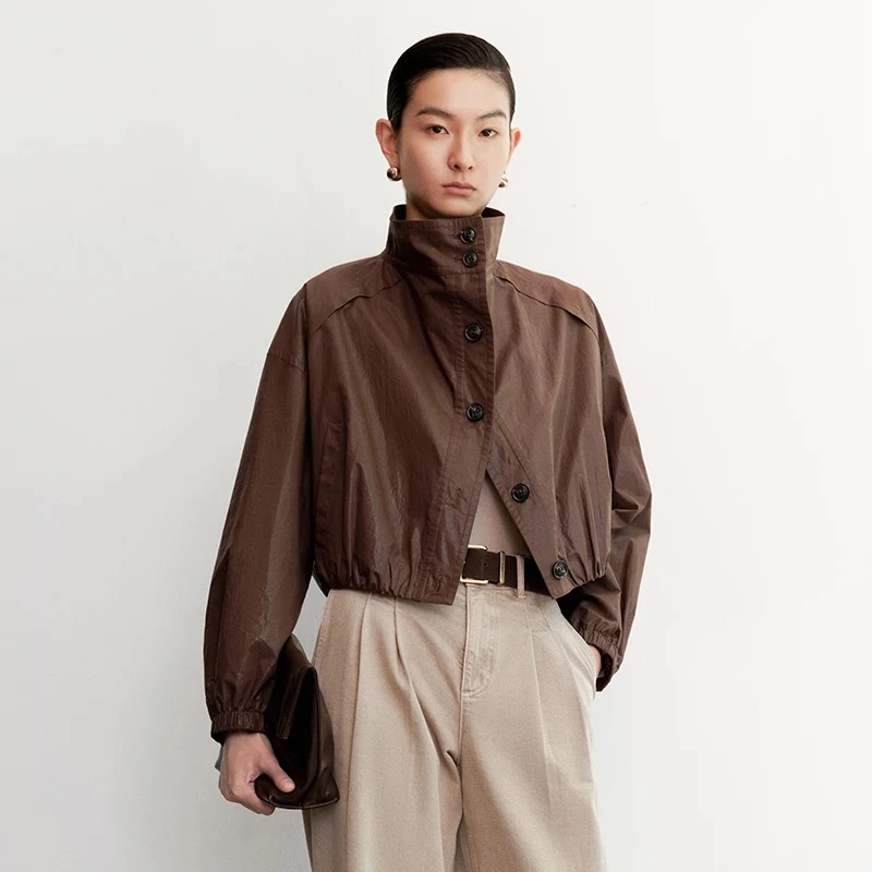艾诺丝商场同款秋季新款品时尚宽松高领排扣短外套女秋季103019