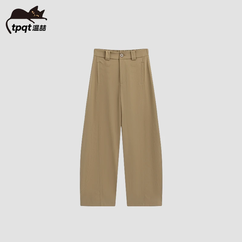 TpqT/温喆 藏青色直筒休闲裤女高腰显瘦洗水弯刀裤百搭阔腿裤子