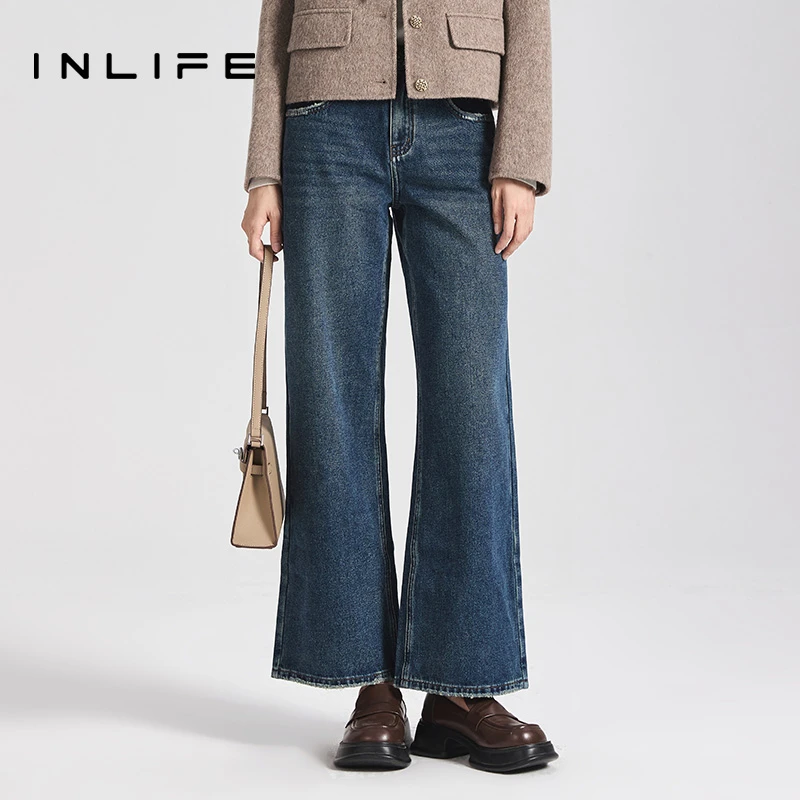 inlife美式高腰宽松牛仔裤时尚加绒阔腿裤休闲直筒裤子M23D2K7825