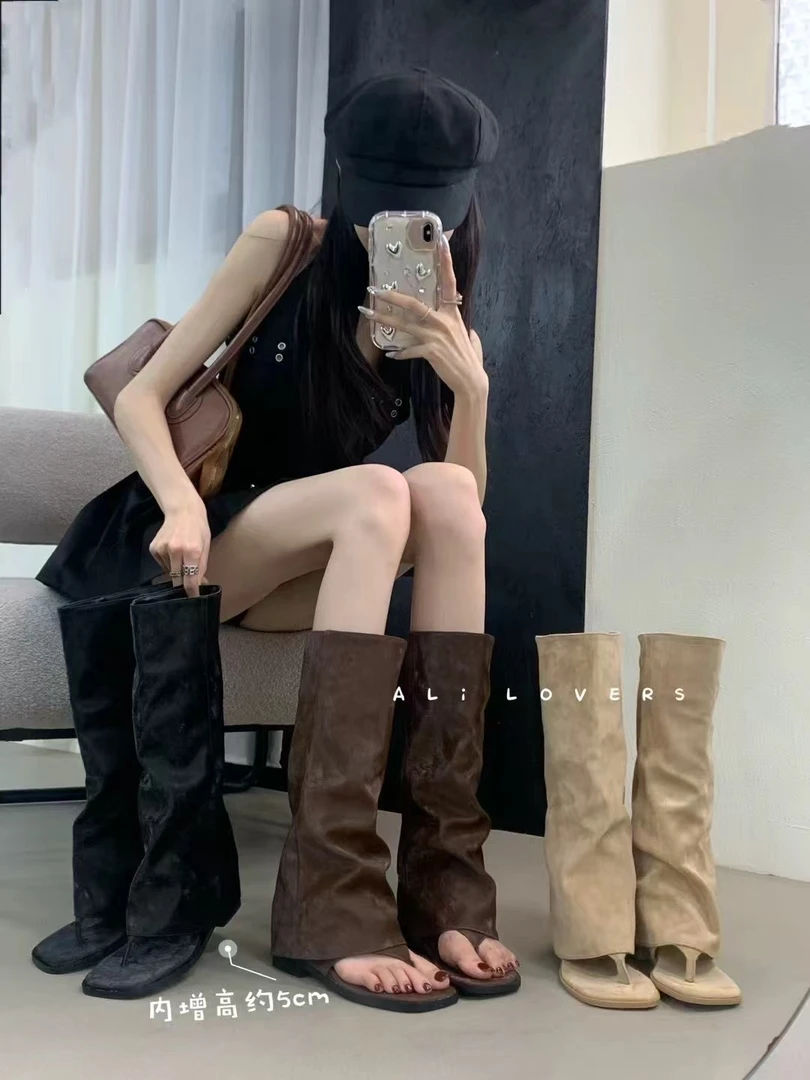 2025夏新款时装靴牛仔靴过膝韩系学院风欧若动感风职场休闲风靴子