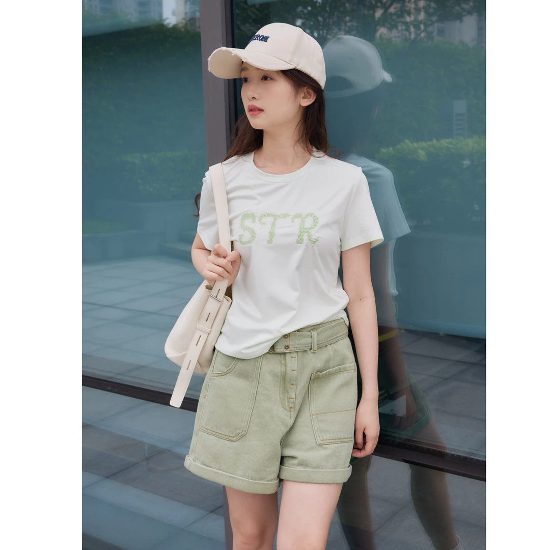 短袖女夏季都市休闲高级感字母刺绣T恤商场同款