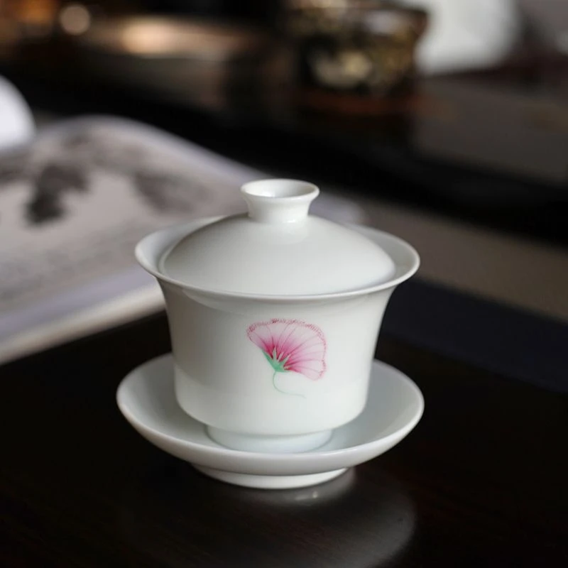 景德镇陶瓷手工品茗杯釉上彩花卉三才马蹄盖碗白瓷手绘薄胎小清新