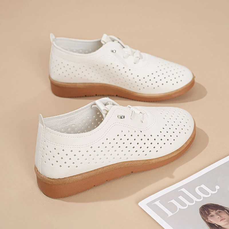 夏季新款皮面平底浅口单鞋女款软底妈妈鞋一脚蹬软底鞋休闲小皮鞋