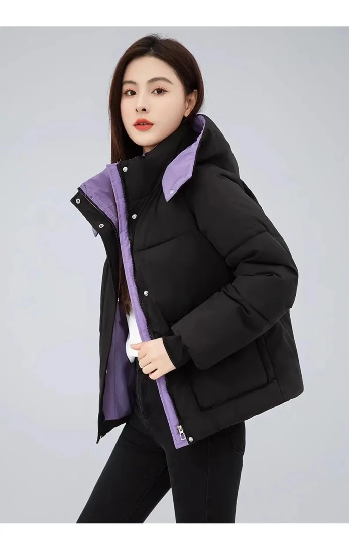 25新品时尚棉服连帽拼色潮流百搭加厚韩版常规短款修身拼接保暖