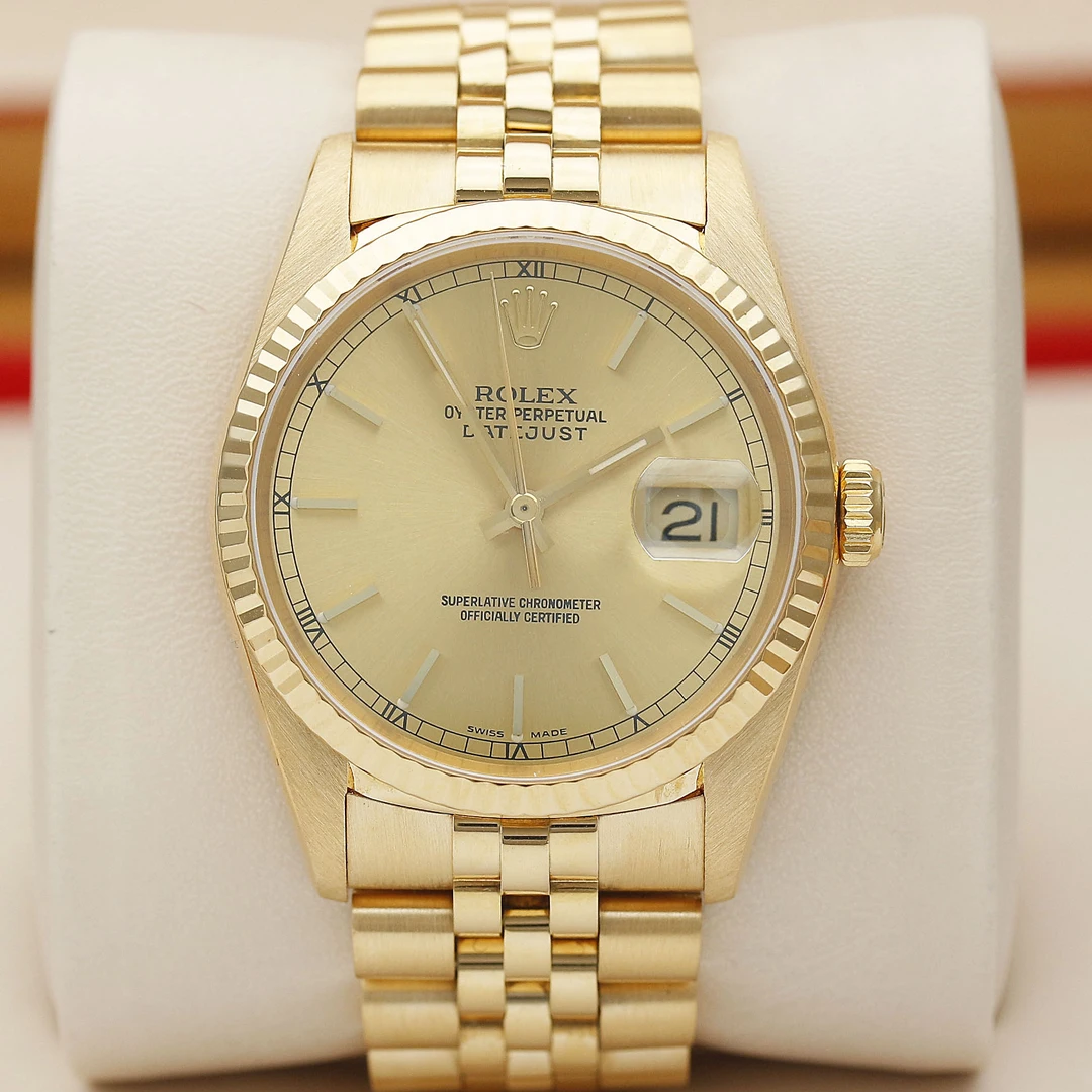 99新 Rolex/劳力士 日志型16238/香槟条刻18K黄金36mm自动机械单