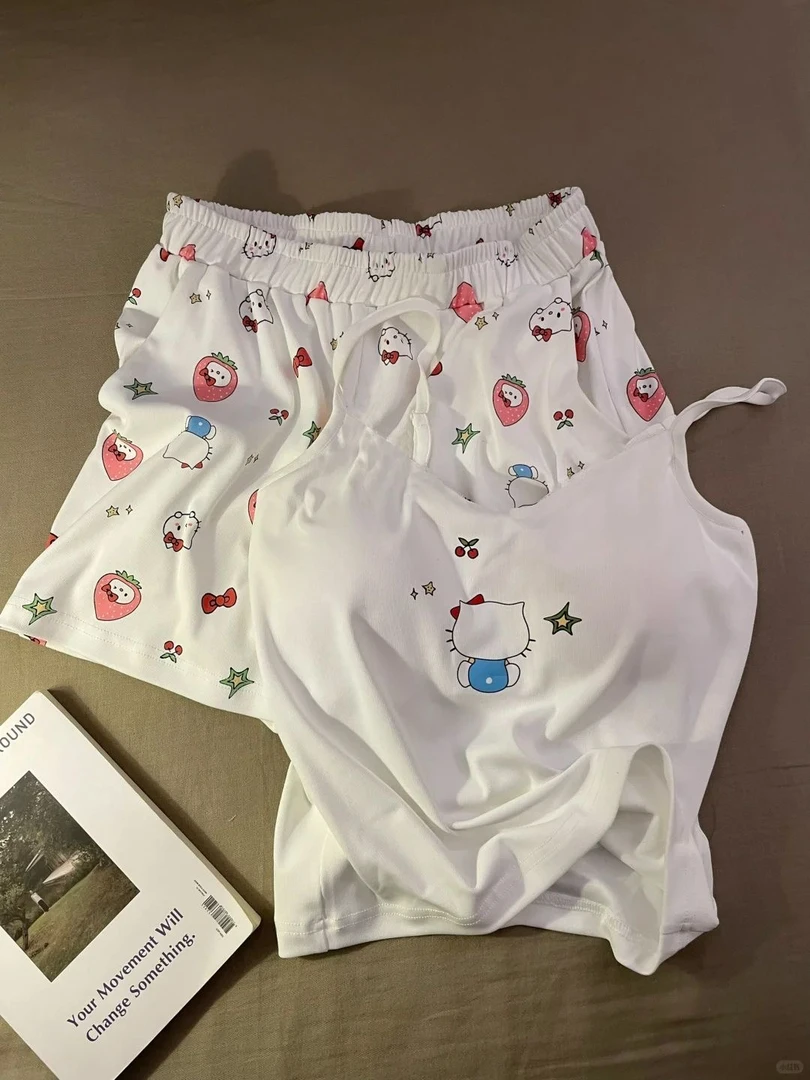 ins卡通吊带睡衣女夏季2025新款带胸垫甜美短裤家居服可外穿套装
