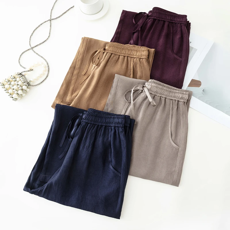 100%醋酸缎面肌理裤女中高腰窄版显瘦百搭直筒微阔腿垂感休闲裤子