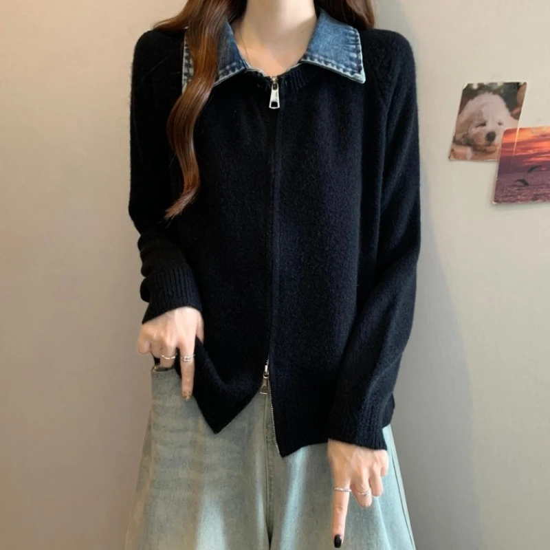 大码双拉链牛仔POLO领毛衣开衫女春秋微胖MM宽松显瘦洋气针织上衣