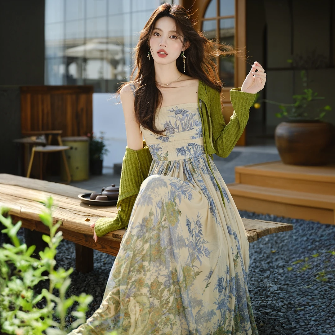 法式浪漫仙气长款大摆长裙碎花吊带连衣裙开衫两件套森系套装866