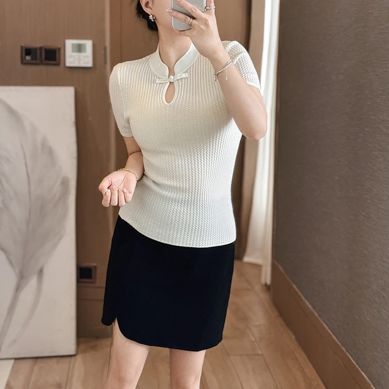 夏季国风百搭显瘦修身新中式盘扣收腰桑蚕丝女针织衫女气质短款