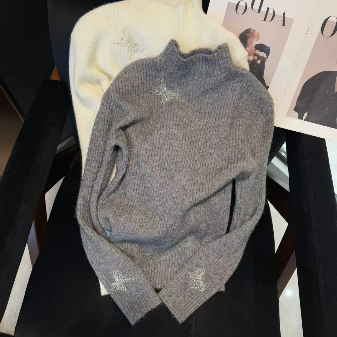 【慧子推荐】65519高级感别致蝴蝶亮闪中高领修身显瘦内搭毛衣女