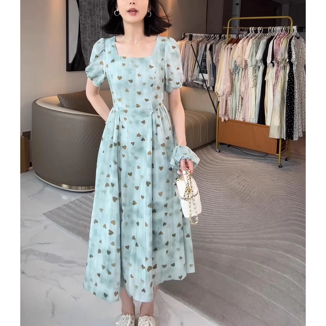 桃心印花时尚显瘦减龄收腰连衣裙夏季短袖宽松百搭中长款设计裙子