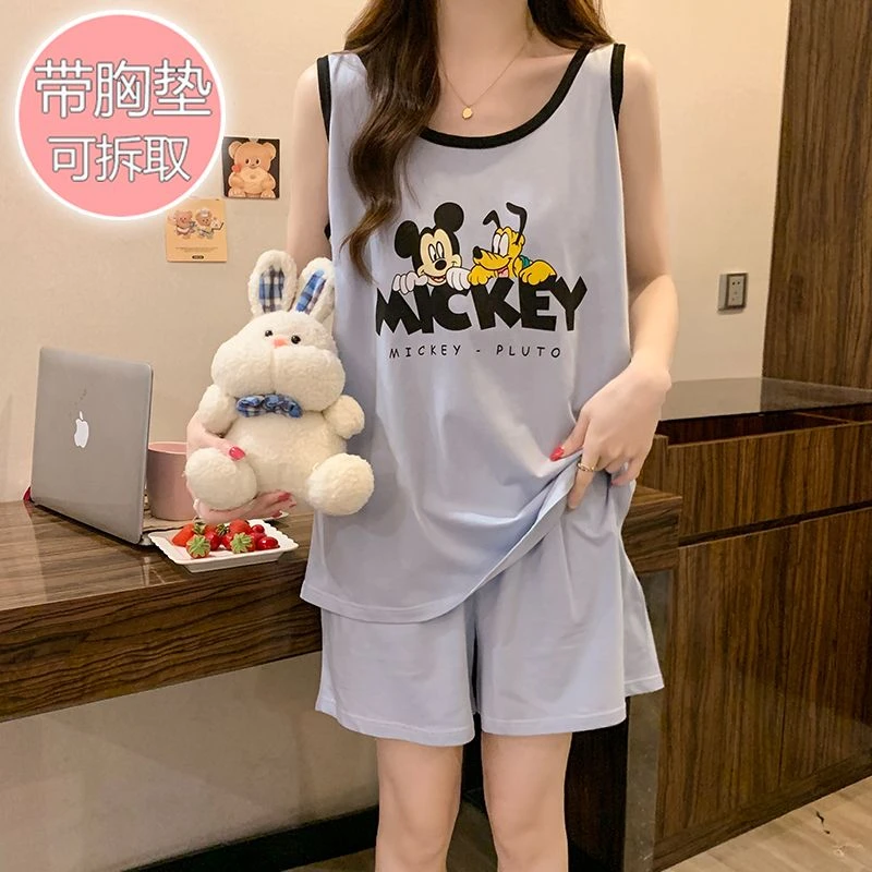 纯棉睡衣女带胸垫夏季大码宽松休闲无袖背心短裤可外穿家居服套装