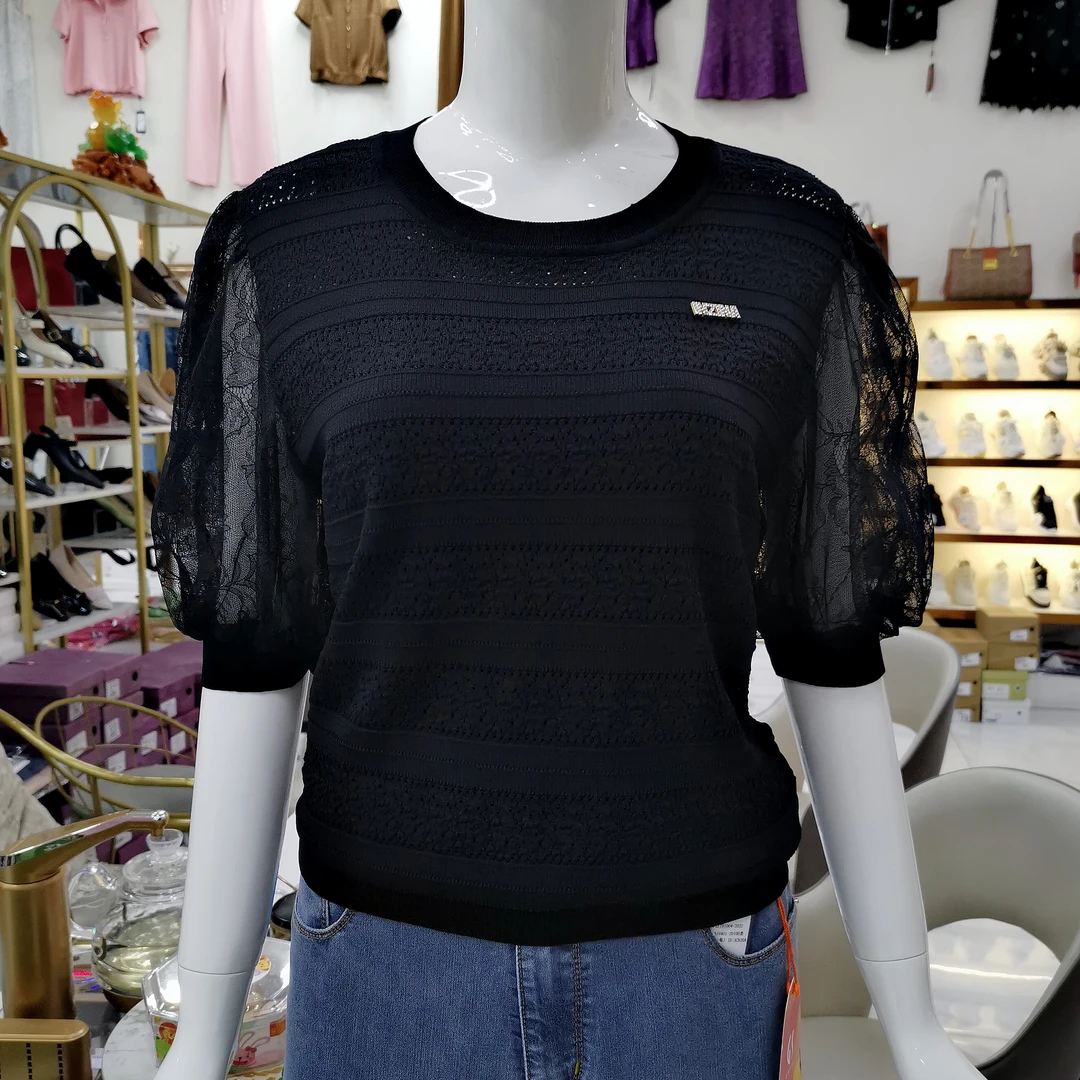 9355 A货提花镂空花边袖上衣