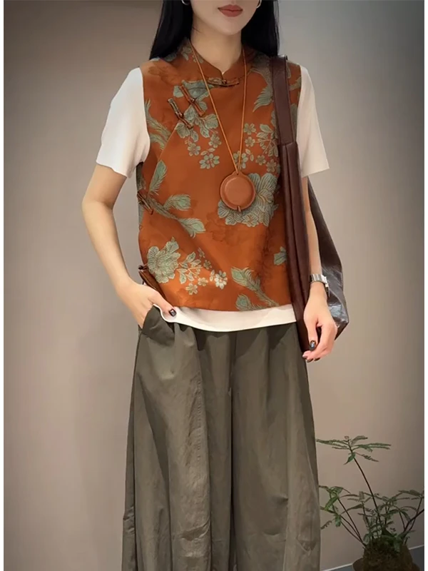 早秋穿搭老钱风新中式国风小个子休闲时尚复古棕色印花马甲上衣女