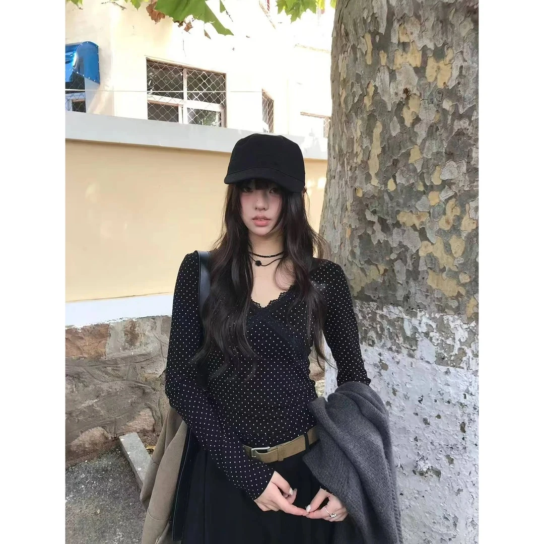 KAIDIQI/凯迪琦秋季新款甜美蕾丝波点磨毛绒感保暖长袖T恤打底衫