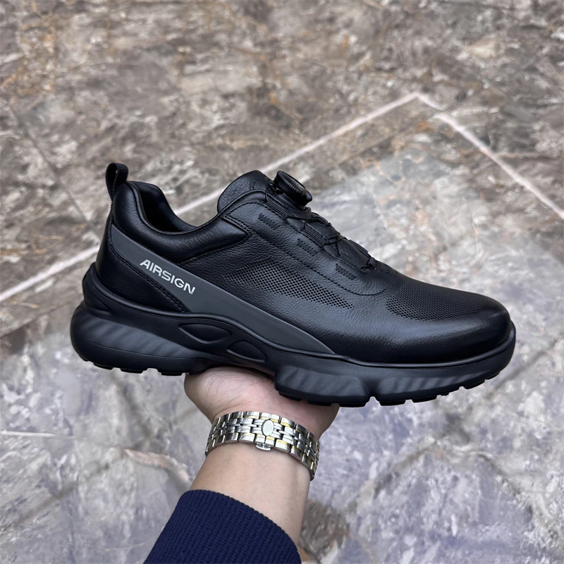 真皮男鞋2025秋季新款头层牛皮时尚透气纽扣厚底百搭运动休闲皮鞋