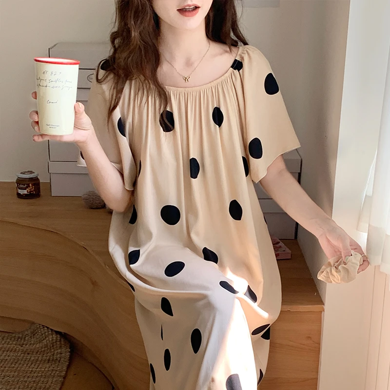 【防凸点送发圈】绵绸短袖睡裙休闲宽松一字肩圆领百搭外出裙舒适