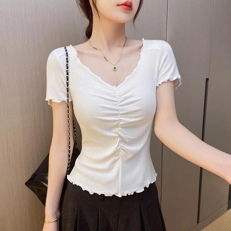 范哲萨夏季纯色领波浪边短袖T恤女2025新款设计感纯欲甜美褶皱正