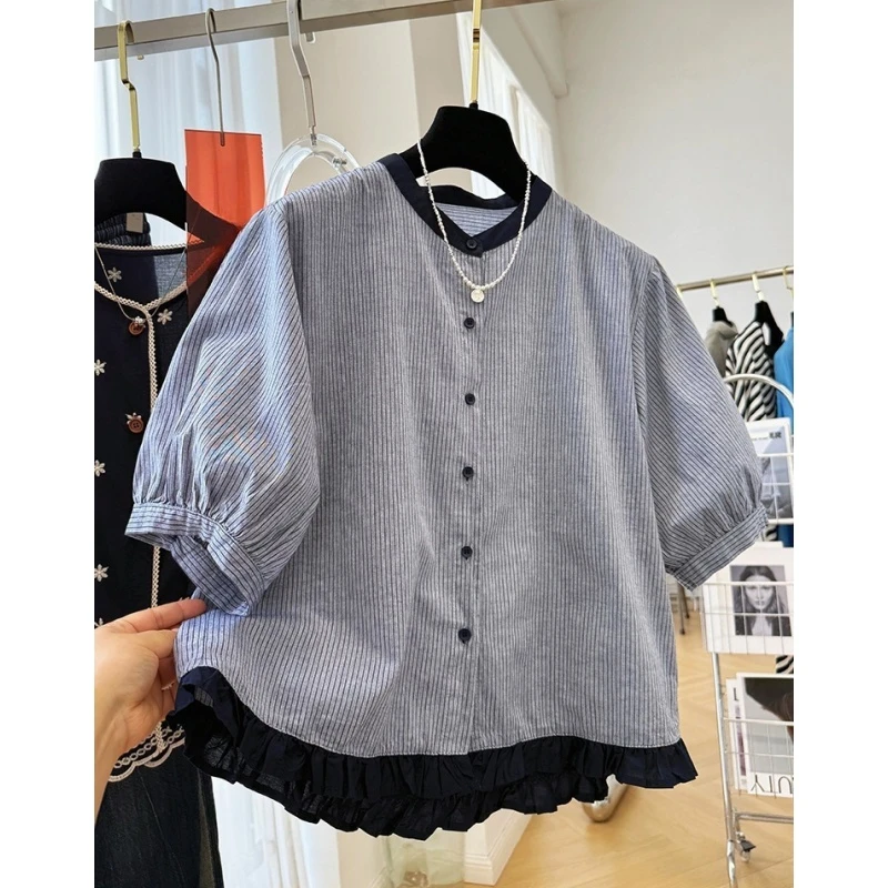 6949高级感轻奢减龄木耳边撞色条纹短袖衬衫女夏季款法式小衫上衣