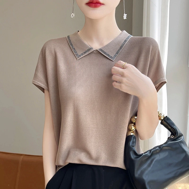 娃娃领莱赛尔天丝短袖T恤女纯色套头翻领显瘦轻薄针织半袖上衣