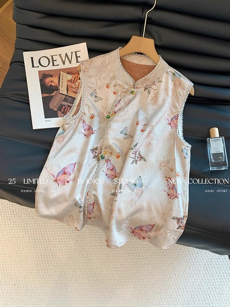 新中式蝴蝶缎面马甲背心女夏季名媛复古气质国风立领无袖衬衫上衣