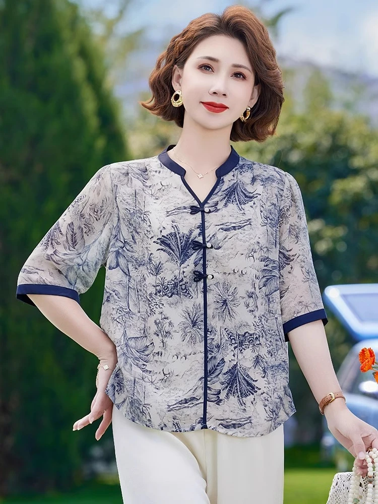 母亲节妈妈夏装七分袖小衫2025新款洋气雪纺上衣中老年女装两件套