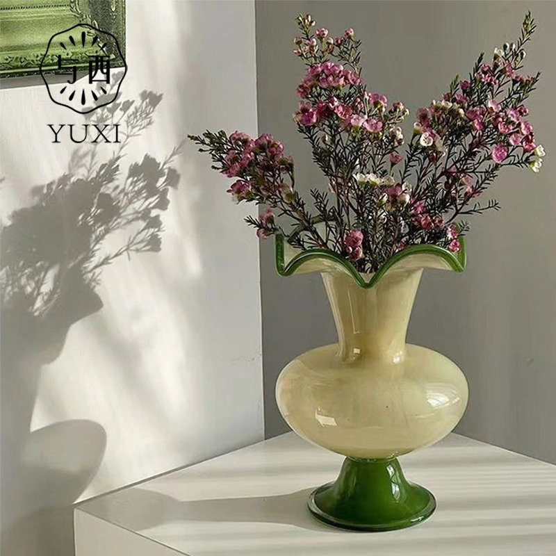 YUXI/与西中古侘寂风 家居玻璃拼色风灯花瓶插花花瓶摆件客厅装饰