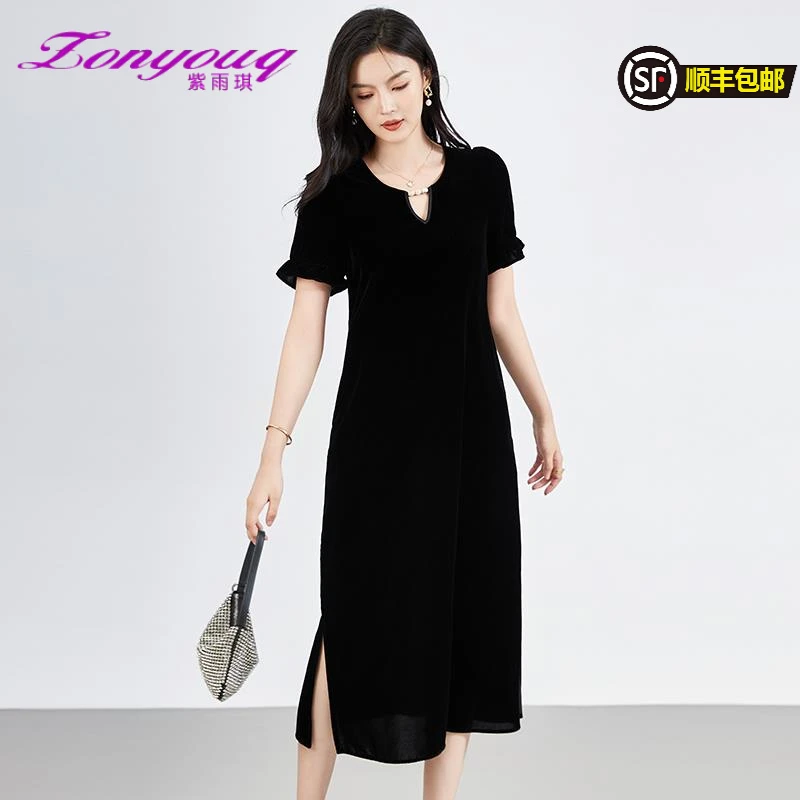 紫雨琪2025夏季新款女装气质高端简约短袖黑色丝绒连衣裙宽松显瘦