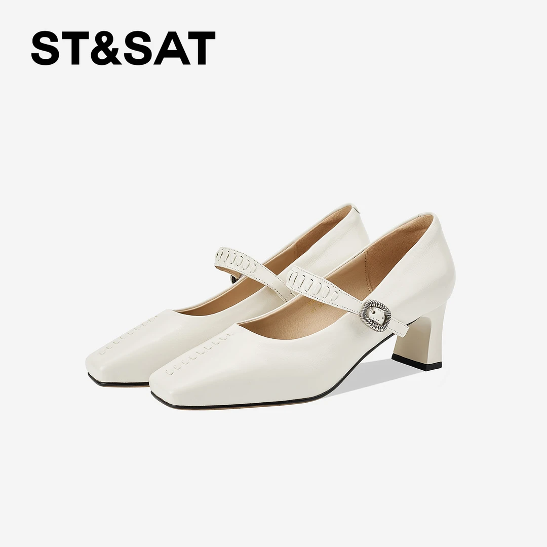 St&Sat/星期六法式方头玛丽珍鞋一字带粗跟气质百搭复古浅口单鞋
