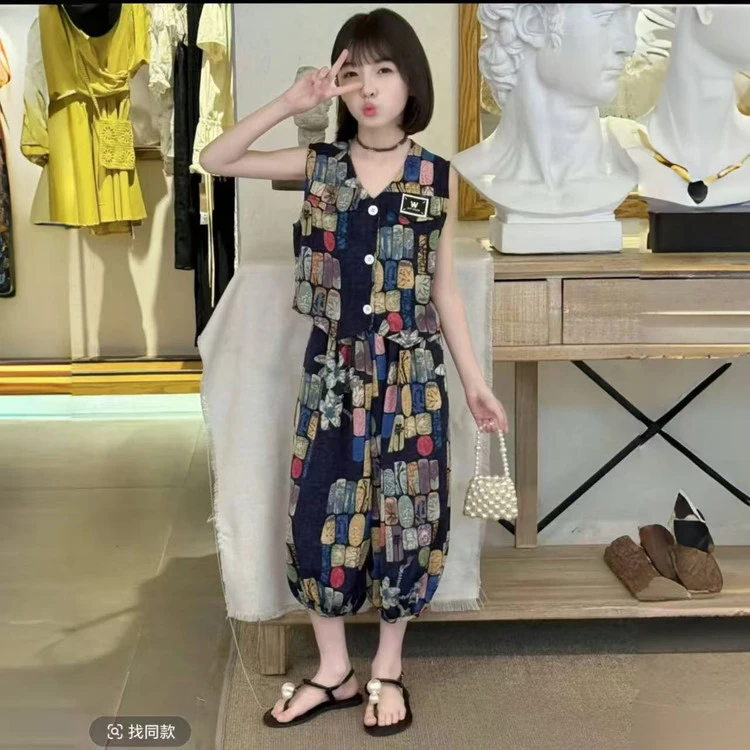 女童夏装套装2025新款无袖上衣儿童灯笼裤中大童印花两件套洋气