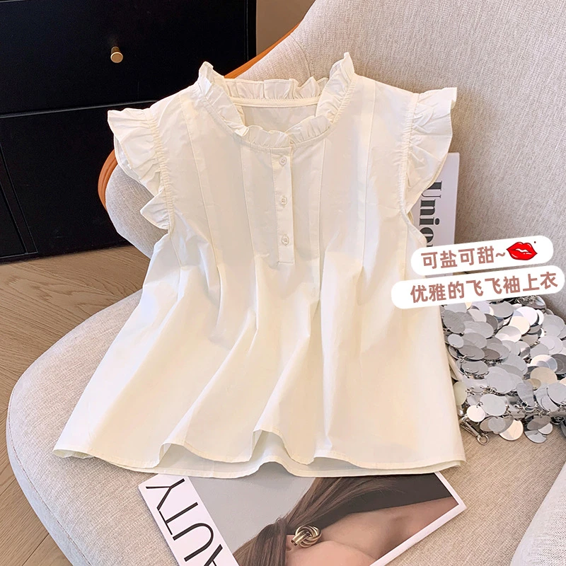 女童雪纺背心衬衫2025夏季新款飞飞袖木耳边短袖衬衫小清新上衣夏