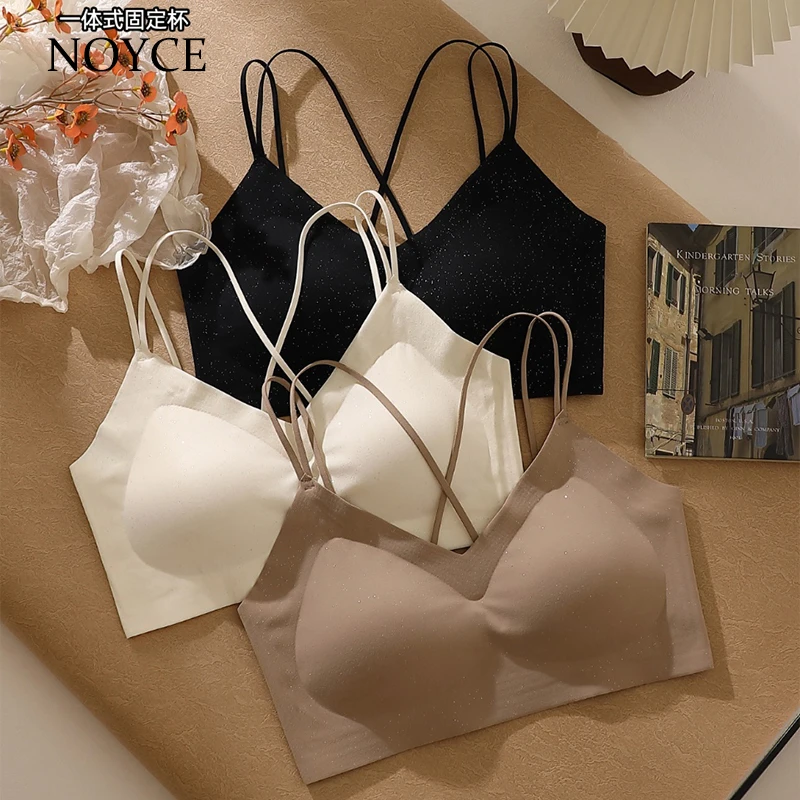 NOYCE秋冬磨毛满天星保暖美背细肩带固定杯文胸无痕一体式内衣
