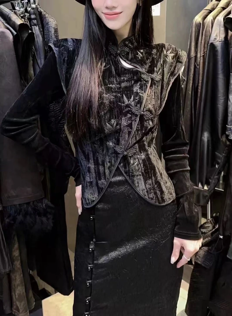 21-127百搭丝绒盘扣洋气气质显瘦ins网红中式长袖时尚修身T恤