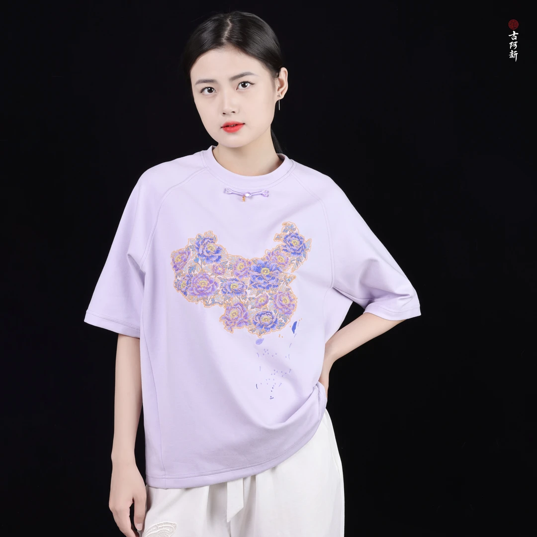 【古阿新国潮】中国风圆领刺绣苗绣牡丹地图上新休闲短袖女T恤