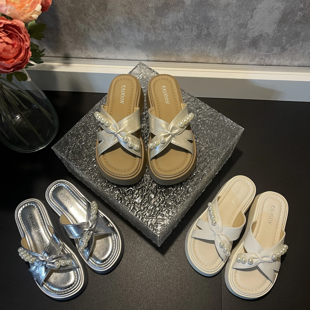 2025夏季新款简约风交叉珍珠百搭气质款时尚外穿厚底舒适拖鞋-5CM