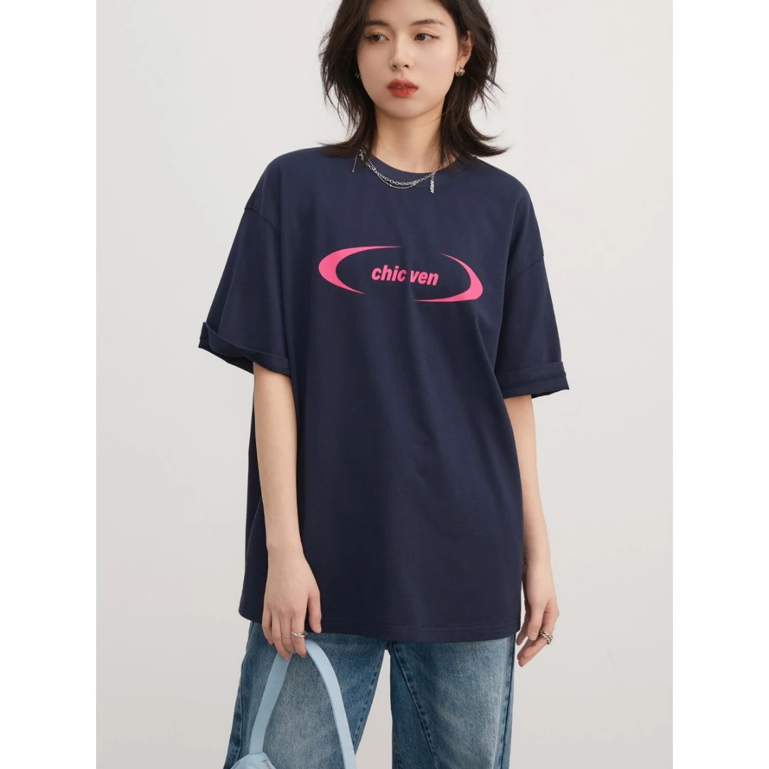 「青和月服饰」LOGO经典配色落肩宽松T恤夏季简约时尚女圆领短袖T恤