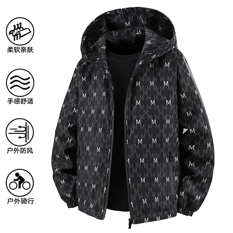 户外休闲连帽夹克2025新款宽松潮流时尚男士舒适防风短款印花外套
