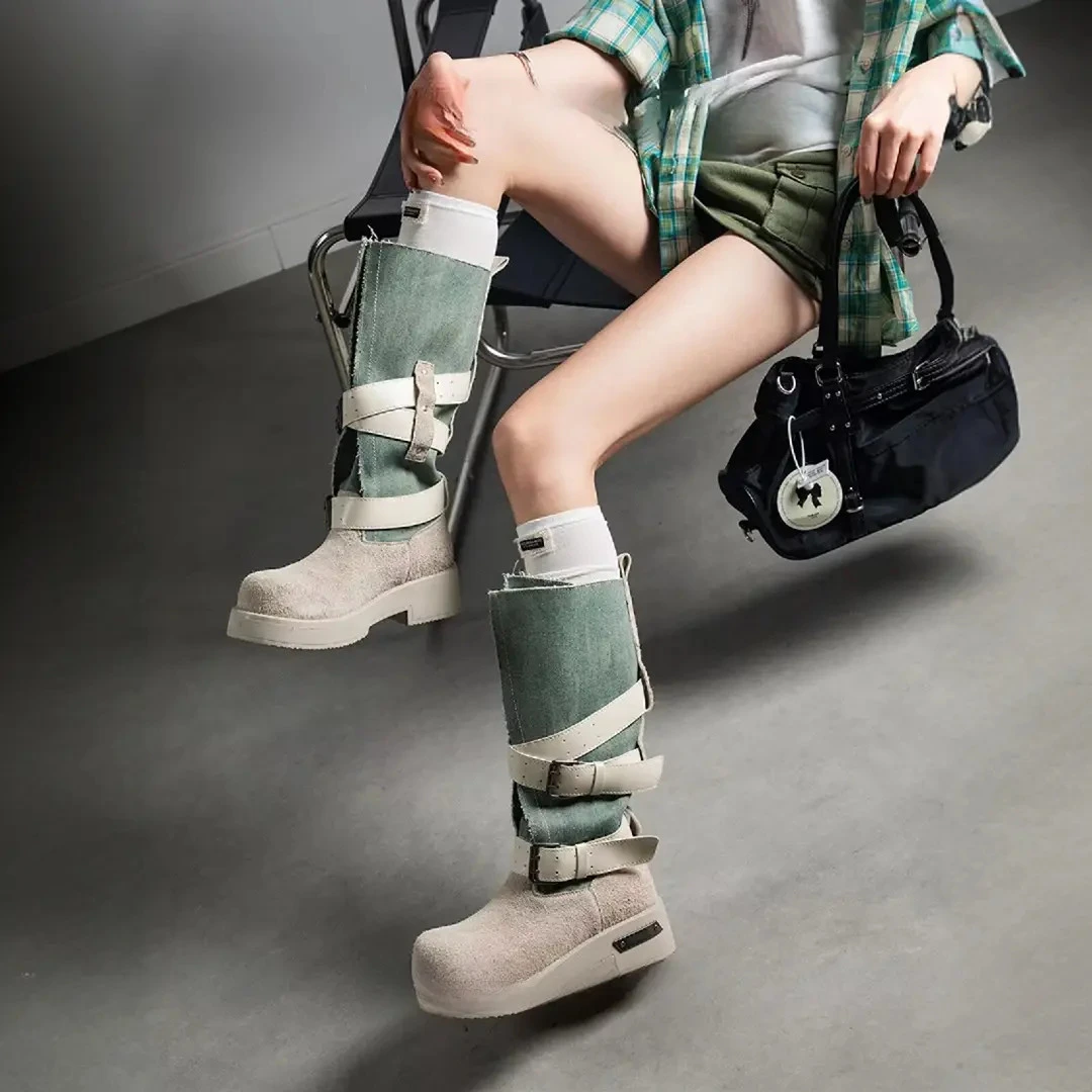 2025年秋季新款~小众皮带扣机车中筒骑士靴女复古厚底增高马丁靴