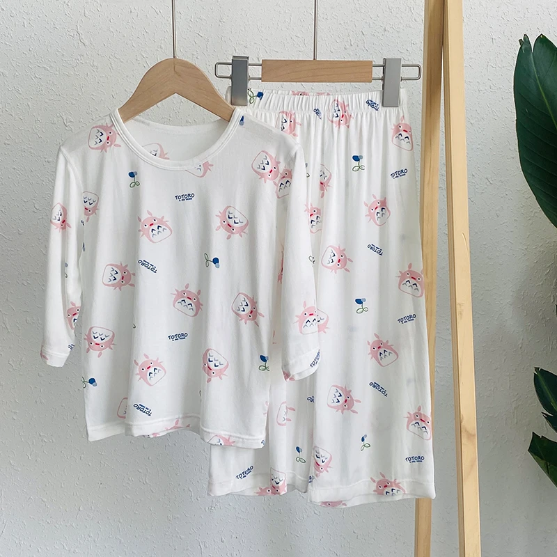 儿童莫代尔睡衣薄款夏季冰丝男女童七分袖家居服空调服长袖套装