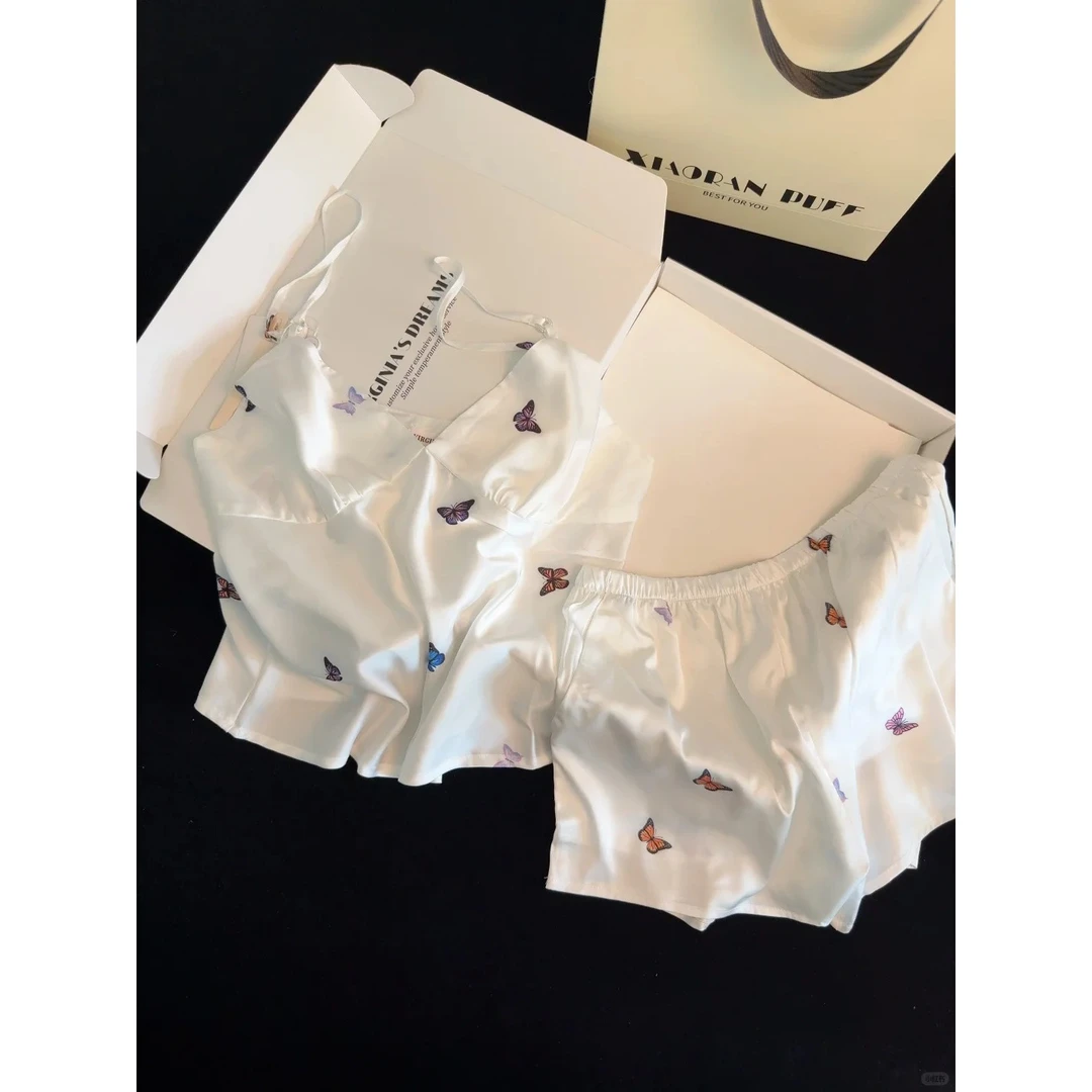 法式甜美蝴蝶冰丝吊带睡衣女夏季新款短裤套装可外穿凉感家居服夏