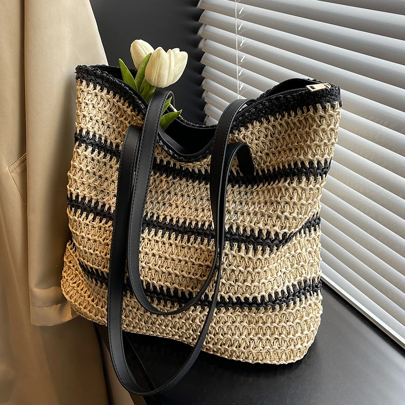 编织包包女大容量2025新款时尚撞色单肩包夏天百搭草编托特包