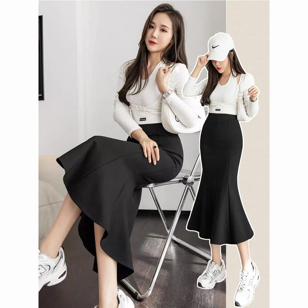 法式黑色裙鱼尾半身裙女春秋2025新款高腰包臀中长款黑色气质裙子