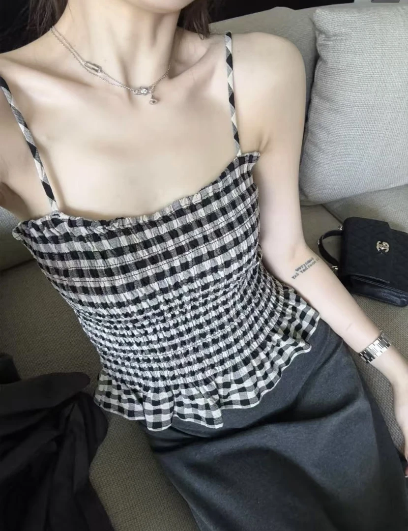 【浅月】夏季花边下摆格子吊带