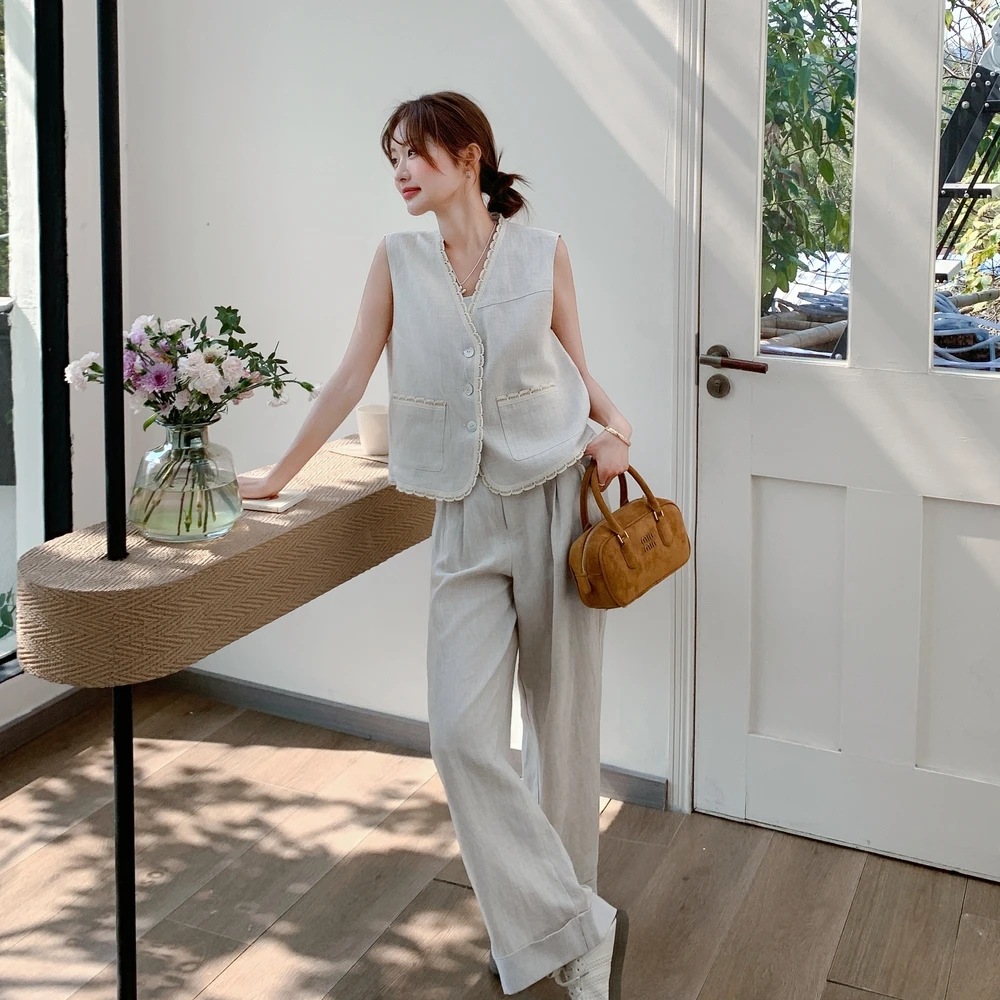 米白色小香风花边马甲套装女2025春夏新款韩系轻熟风阔腿裤两件套