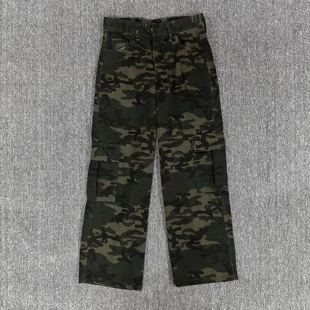 美式复古多口袋迷彩工装裤子男潮牌休闲宽松阔腿裤高街直筒牛仔裤